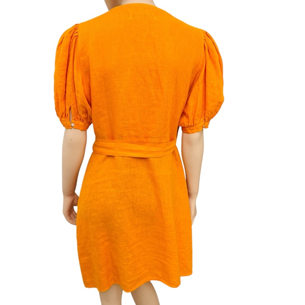 Zara 100% Linen Orange Wrap Dress Puff Sleeve Tie Waist Women’s Medium Portugal - Picture 9 of 12